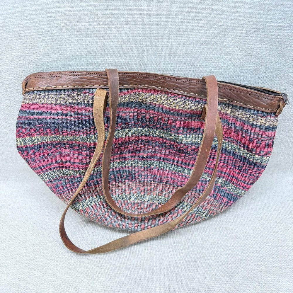 Vintage African Sisal Kiondo Woven Tote Bag Leather Trim Multi-Color Striped